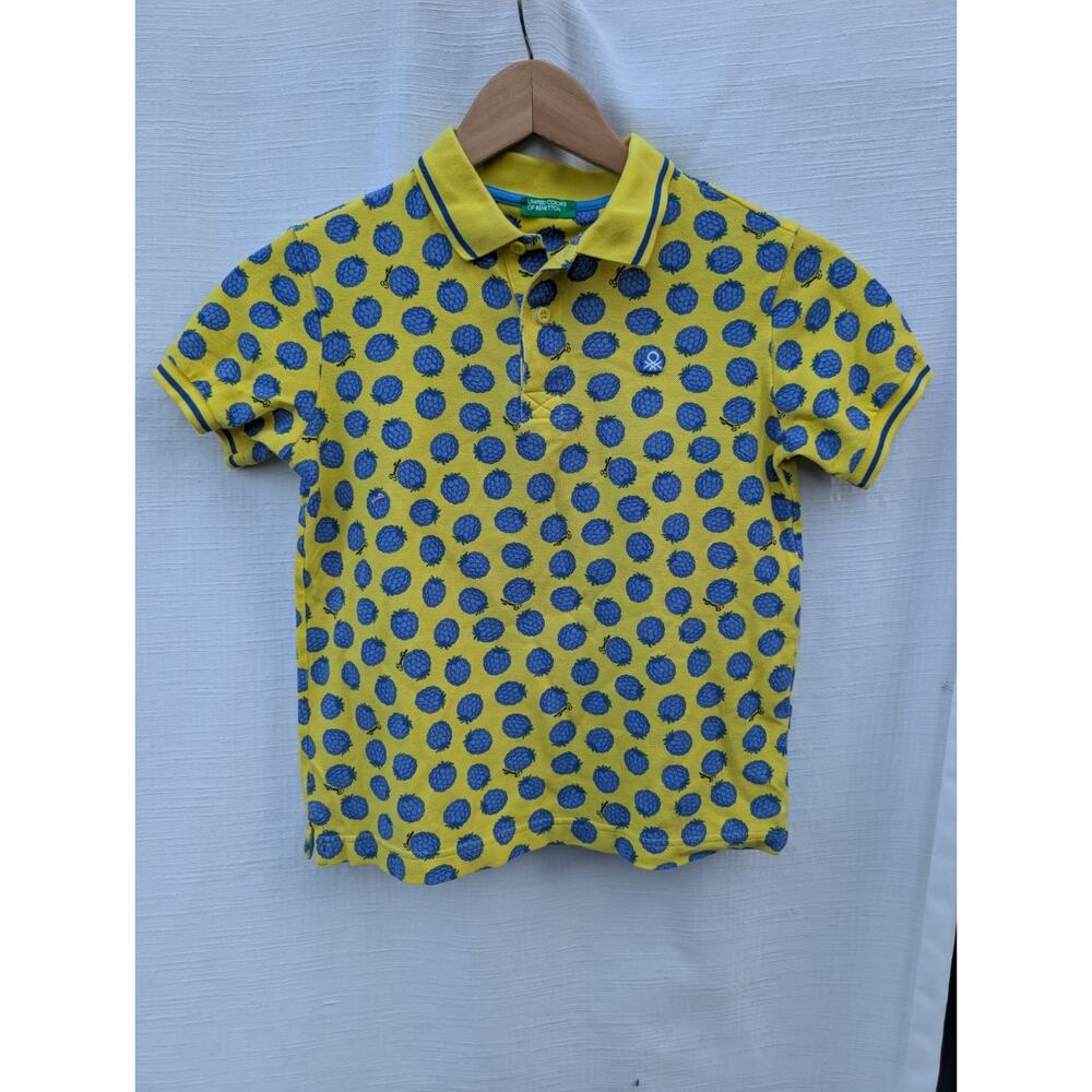 United Colors Of Benetton Boys Yellow Print Polo Shirt Sz 8-9yrs 140cm Cotton